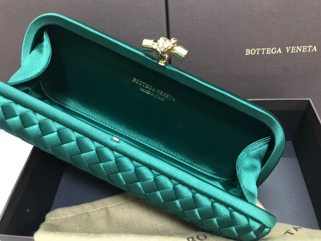 Style No. 8651, upgraded version of full silk evening bag inside and outside~~~INTRECCIATO woven IMPERO STRETCH KNOT clutch bag, hand-woven silk, smooth satin piping, Intrecciato engraved metal buckle, silk satin lining. Large size: 25cm*10cm*5cm